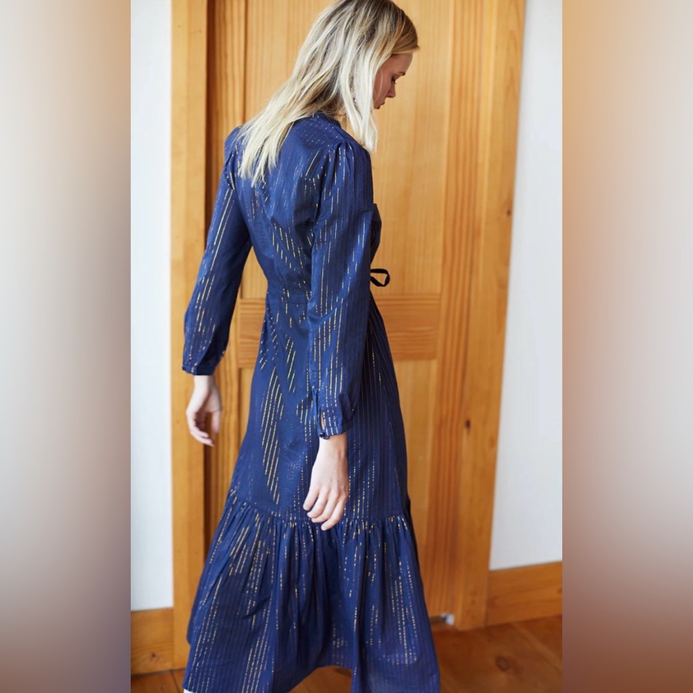 Emerson Fry Frances Dress Maritime Lurex Navy Metallic Stripes Drawstring Size L - Picture 2 of 12
